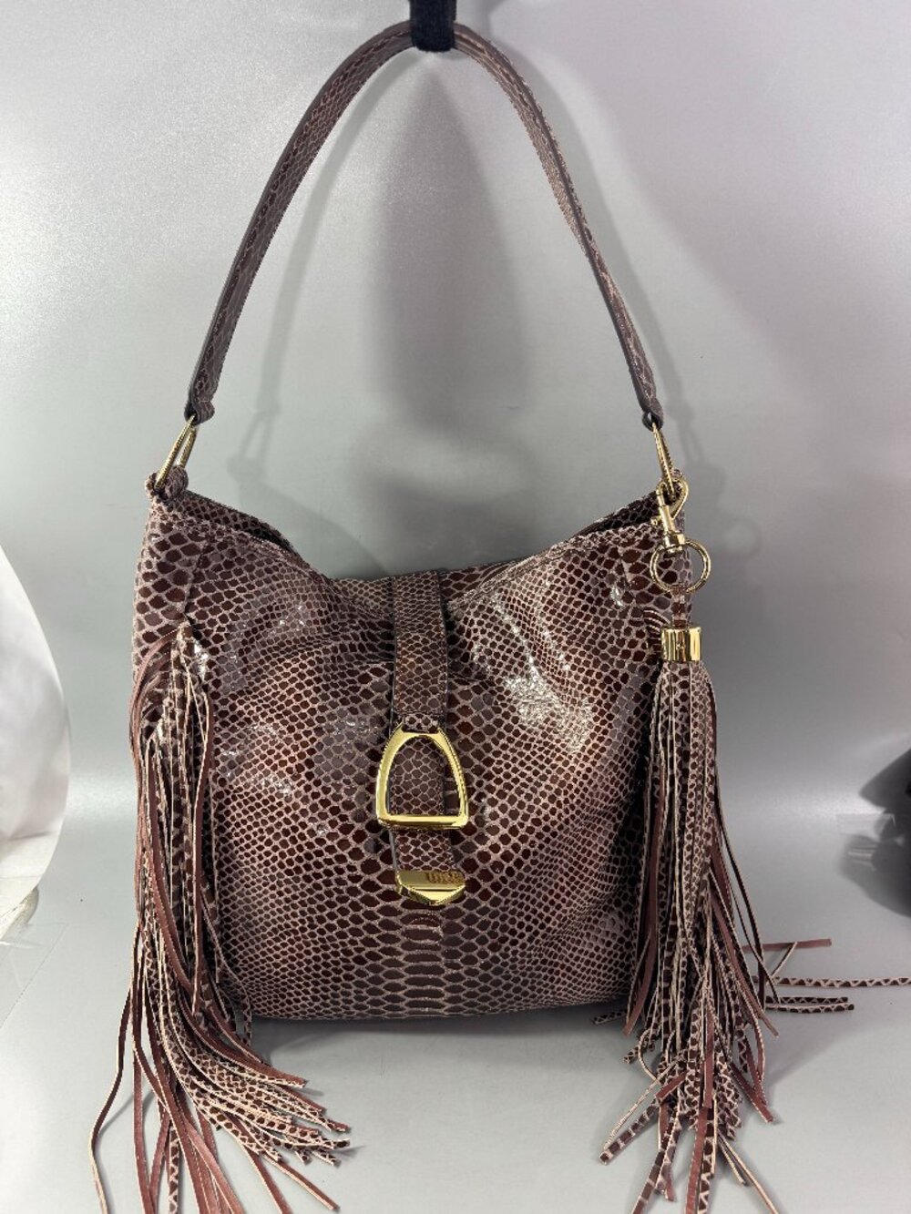 NWOT G.I.L.I Sienna Cobra Brown Leather Stirrup Fringe Hobo Bag